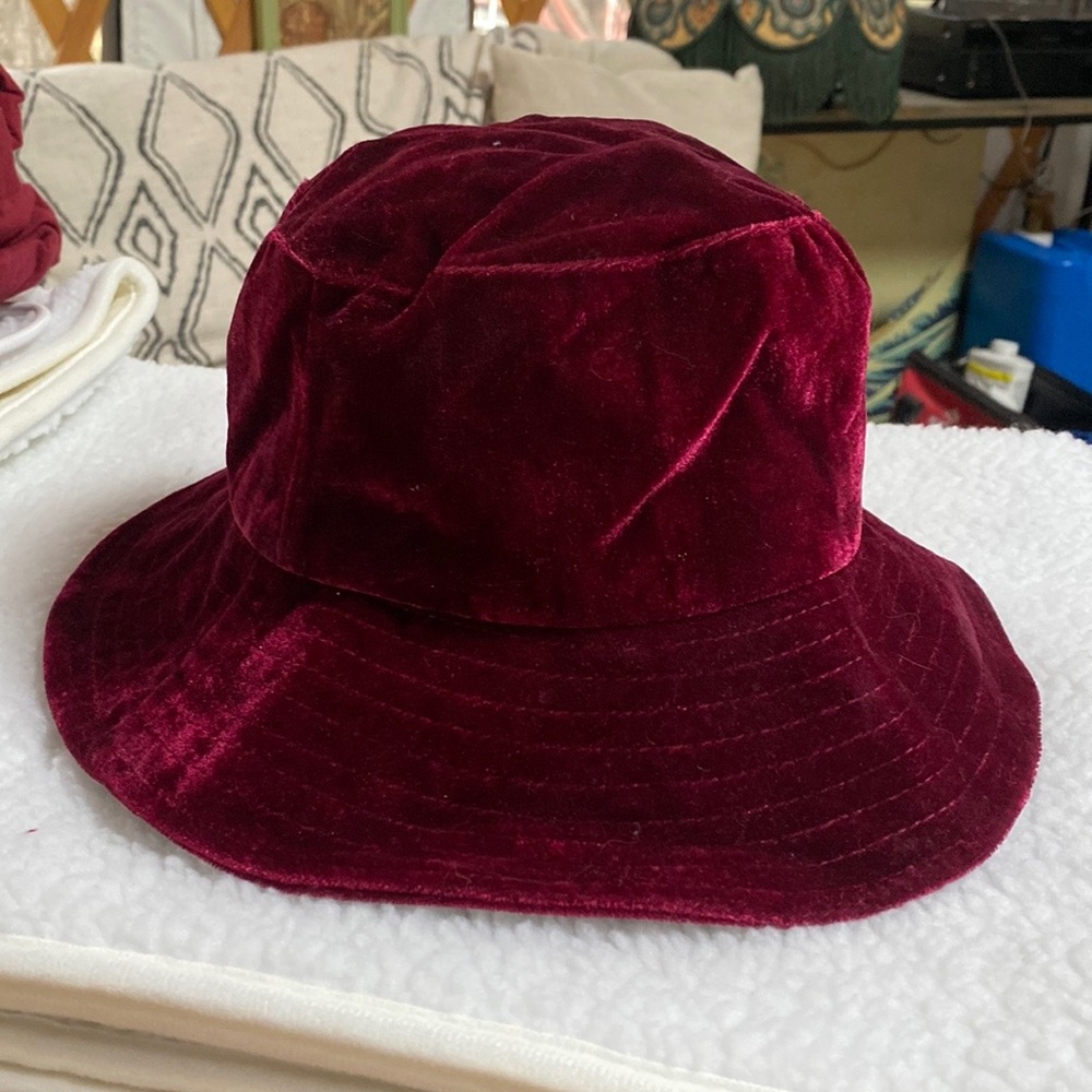Anthropologie velvet maroon red bucket hat
